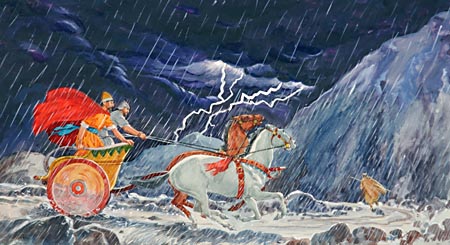 As Ahab returned to Jezreel, Elijah ran before the chariot and guided it through the rain.