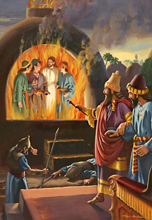 In alarm the king, turning to his lords, asked, "Did not we cast three men bound into the midst of the fire?"