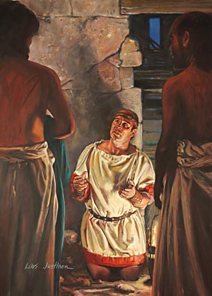 The jailer hastened into the inner dungeon, and fell down before Paul and Silas, begging their forgiveness. He then brought them into the open court, and inquired of them, "Sirs, what must I do to be saved?"